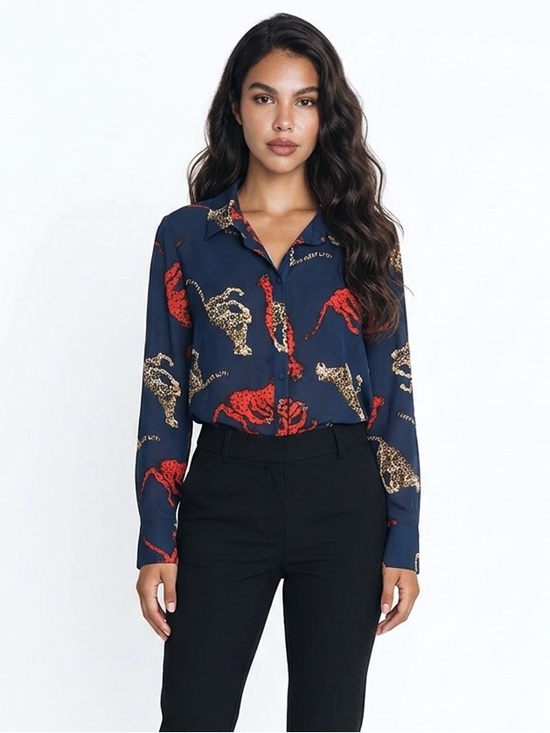 RACHEL Rachel Roy Tops - RACHEL Rachel Roy Navy Button-Up Shirt with Red & Cream Leopard Motif